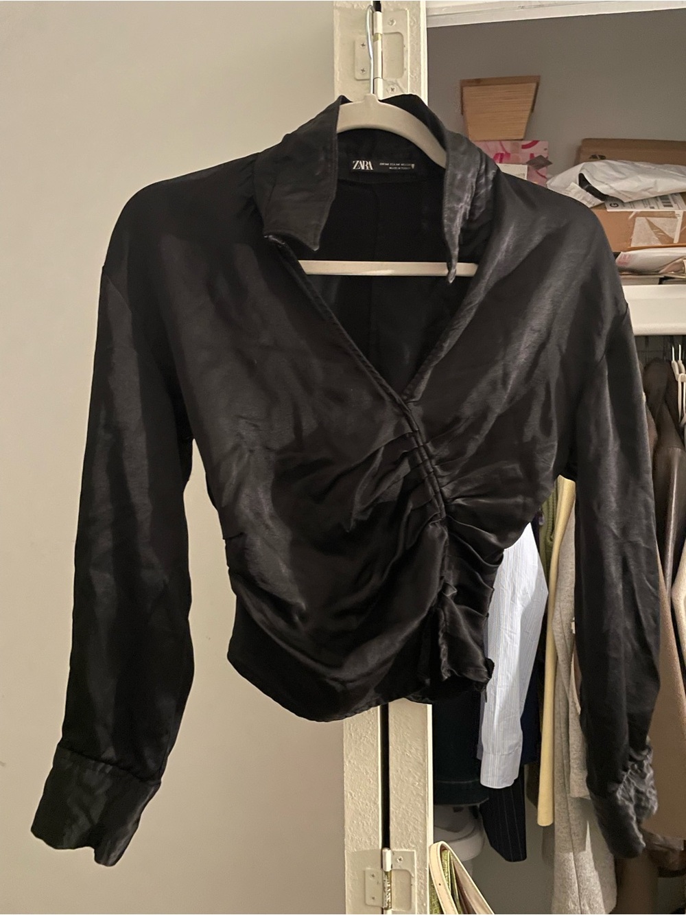 Zara Black Satin Ruched Collared